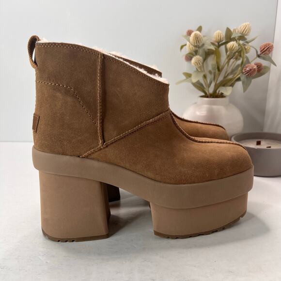 UGG Classic Mini New Heights Platform Suede Boots Chestnut Women's 10 Tried On - Picture 3 of 11